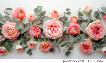 Group of Pink Roses With Green Leaves Group of Pink Roses With Green Leaves 114064567
