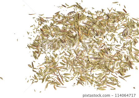 Dry thyme seeds on a white background. Dry thyme seeds on a white background. 114064717