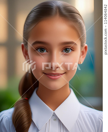 Portrait image of a girl with a ponytail wearing a white blouse | Copyright issue cleared Adobe AI generated image editing 114064842