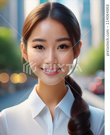 穿著白色襯衫的馬尾辮女孩的肖像圖像 | 由 adobe AI 編輯以清除版權問題 114064868