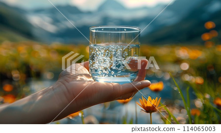 Transparent glass glass with drinking mountain water in hand on the background of a mountain river. The concept of drinking mineral water 114065003