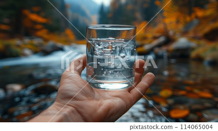 Transparent glass glass with drinking mountain water in hand on the background of a mountain river. The concept of drinking mineral water 114065004