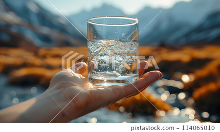Transparent glass glass with drinking mountain water in hand on the background of a mountain river. The concept of drinking mineral water 114065010