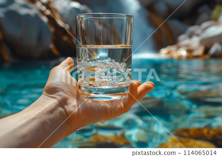 Transparent glass glass with drinking mountain water in hand on the background of a mountain river. The concept of drinking mineral water 114065014