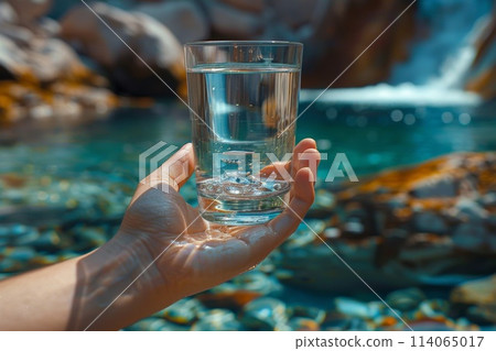 Transparent glass glass with drinking mountain water in hand on the background of a mountain river. The concept of drinking mineral water 114065017