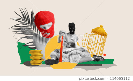 Medieval royal person, woman in elegant dress earing balaclava, sitting with bat near stack of coins. Contemporary art collage. Medieval royal person, woman in elegant dress earing balaclava, sitting with bat near stack of coins. Contemporary art collage. 114065112
