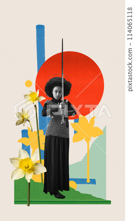 African-American woman, medieval warrior standing with sword on light background with abstract design elements. Contemporary art collage. African-American woman, medieval warrior standing with sword on light background with abstract design elements. Contemporary art collage. 114065118