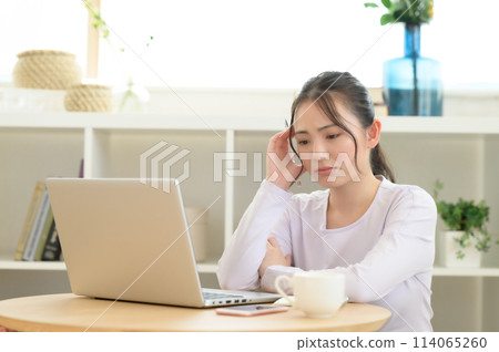 A woman troubled in front of a personal computer 114065260