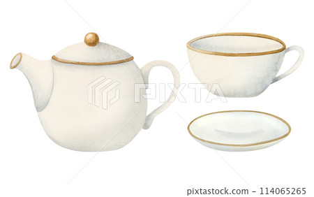 Kitchen teapot, tea cup and small dish set made of white porcelain ceramic watercolor illustration isolated on white. Simple elegant kettle drawing with small saucer plate for English breakfast 114065265