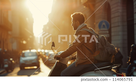 Man on a scooter in the middle of a busy city 114065791