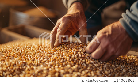 Skilled hands carefully select and inspect golden barley grains 114065805