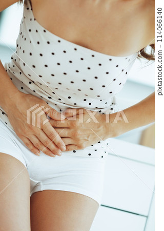 Closeup on woman having stomachache in bathroom 114066140