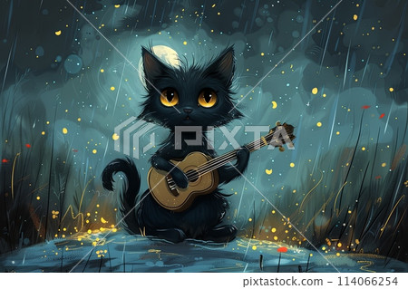 cat moonlight serenade with a guitar illustration 114066254