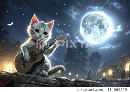 cat moonlight serenade with a guitar illustration 114066259