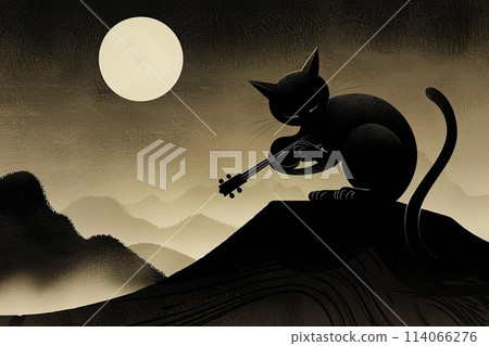 cat moonlight serenade with a guitar illustration 114066276
