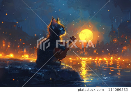 cat moonlight serenade with a guitar illustration 114066283