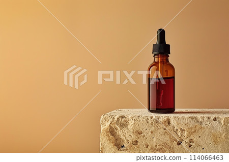 Dark amber glass bottle standing on stone. Natural skin care SPA beauty product design. Mineral organic oil cosmetics on beige background. Mock-Up. Oily pipette. Face and body treatment. Front view 114066463