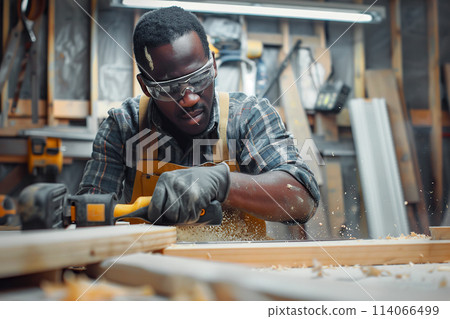 Carpenter works using manual and electric equipment. Man doing woodwork professionally. Manufacturer, maker construction. Hand of joiner working with a wooden plank, wood in his carpentry workshop 114066499