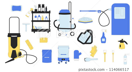 Car wash set. Vehicle clean station collection elements isolated on white background. Vacuum, sponges. Repair auto garage. Vector illustration. Car wash set. Vehicle clean station collection elements isolated on white background. Vacuum, sponges. Repair auto garage. Vector illustration. 114066517