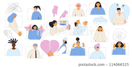 Overwhelmed young people with mental problems. Mental disorder burnout, confusion and depression. Teenage girls and boy with bad mood community for support each others. Vector outline illustration. 114066525