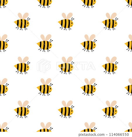 Vector cute cartoon bee seamless pattern. Funny bumblebees background. Vector flat illustration. Vector cute cartoon bee seamless pattern. Funny bumblebees background. Vector flat illustration. 114066550