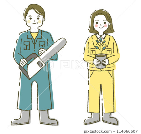 做林業的中年男女插畫素材電鋸 114066607