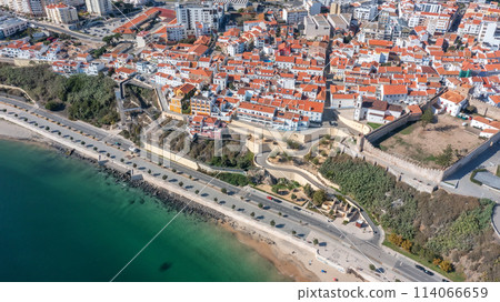 Aerial panorama of city of Sines, Alentejo Portugal Europe. Aerial view of old town fishing port, historic center 114066659