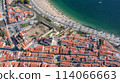 Aerial panorama of the city of Sines, Setubal Alentejo Portugal Europe. Aerial view of the old town fishing port, historic center and castle.  114066663