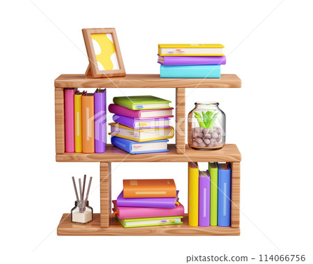 Book stack with hard cover standing and laying, and green flower in pot on wooden shelf. 3D render illustration of literature row with plant on bookshelf with wood texture for reading and education. Book stack with hard cover standing and laying, and green flower in pot on wooden shelf. 3D render illustration of literature row with plant on bookshelf with wood texture for reading and education. 114066756