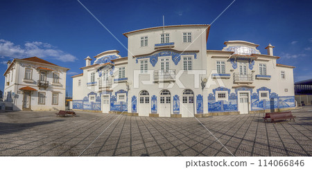 Aveiro Railway station is Historic building ornamented with many typical blue Azulejos panels of Factory Fabrica da Fonte Nova displaying regional motifs. Portugal. Aveiro Railway station is Historic building ornamented with many typical blue Azulejos panels of Factory Fabrica da Fonte Nova displaying regional motifs. Portugal. 114066846