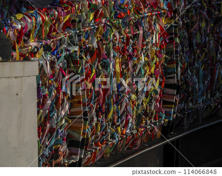 Love ribbons on the bridge over portuguese venice in Aveiro 114066848