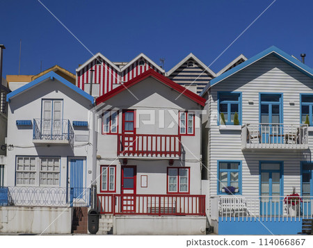 Striped Painted houses in Beach Praia Costa Nova do Prado in Aveiro Portugal Striped Painted houses in Beach Praia Costa Nova do Prado in Aveiro Portugal 114066867