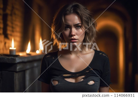 Beautiful sad girl in a torn T-shirt in an old house at night by candlelight. Generative AI 114066931