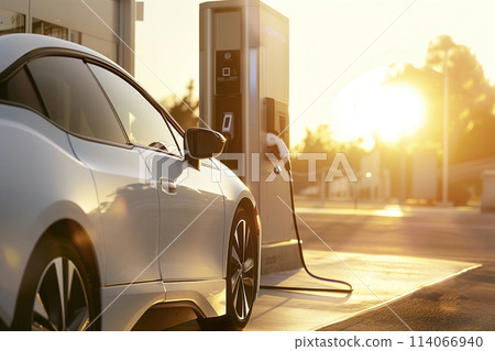 Hydrogen Electric Vehicle at Sunset Charging Station 114066940