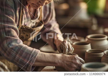 Senior Potter Crafting Ceramics for Mindful Relaxation 114066974