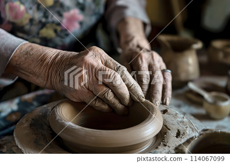 Elderly Hands Crafting Pottery as Therapeutic Art 114067099