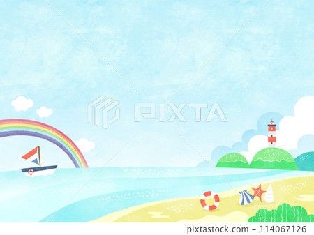 Lazy summer seascape Watercolor background illustration of a beach with a rainbow 114067126