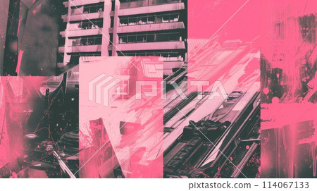 Cool grungy y2k collage with plant eyes and butterflies, glued letters and ribbons with a negative photocopy in black. Ai generative. 114067133