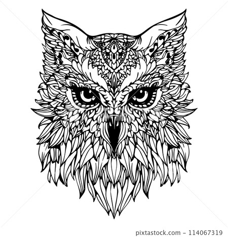 Mandala Coloring Page for Adults. Owl Head Zen Spiritual Relax Colouring Book Template. 114067319