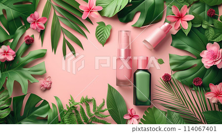 Pink Background With Pink Flowers and Green Leaves Pink Background With Pink Flowers and Green Leaves 114067401