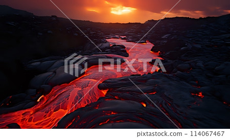 Molten lava flows during a volcanic eruption 114067467