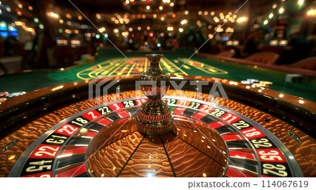 Close-Up View of a Casino Roulette Wheel in Action During Evening Gameplay 114067619