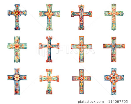 Colorful Flowers Adorning Crosses, Offering a Beautiful Memorial Decoration 114067705