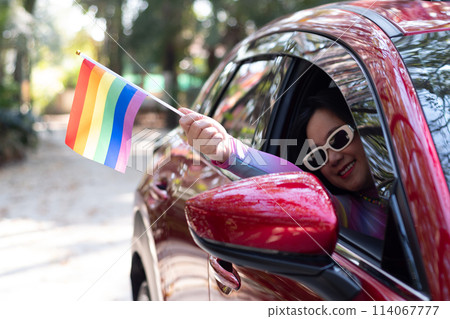 Hand holding a pride flag out the car window Hand holding a pride flag out the car window 114067777