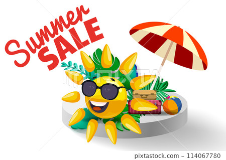 Summer sale poster Sun cartoon in sunglasses under beach umbrella Summer sale poster Sun cartoon in sunglasses under beach umbrella 114067780