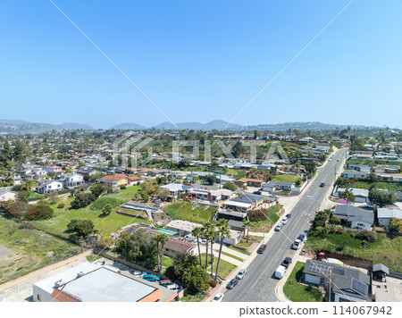 Aerial view of house in San Diego suburb, California, USA Aerial view of house in San Diego suburb, California, USA 114067942