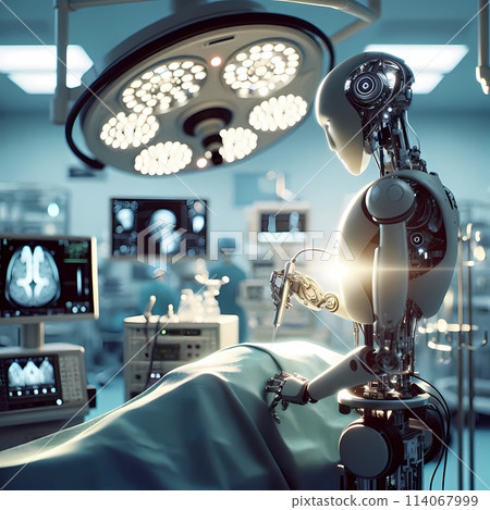 Robot Operating in a Hospital Operating Room. Generative AI Robot Operating in a Hospital Operating Room. Generative AI 114067999