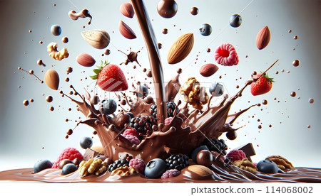 Decadent Chocolate Splash With Nuts, Raspberries, Almonds, and Chocolate. Generative AI Decadent Chocolate Splash With Nuts, Raspberries, Almonds, and Chocolate. Generative AI 114068002