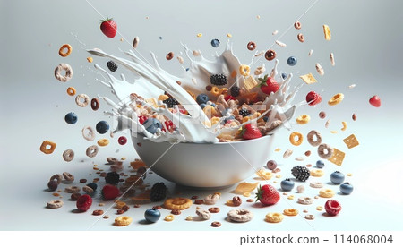 White Bowl Filled With Cereal and Milk. Generative AI White Bowl Filled With Cereal and Milk. Generative AI 114068004