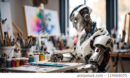 Robot Sitting at Desk by Window. Generative AI Robot Sitting at Desk by Window. Generative AI 114068070